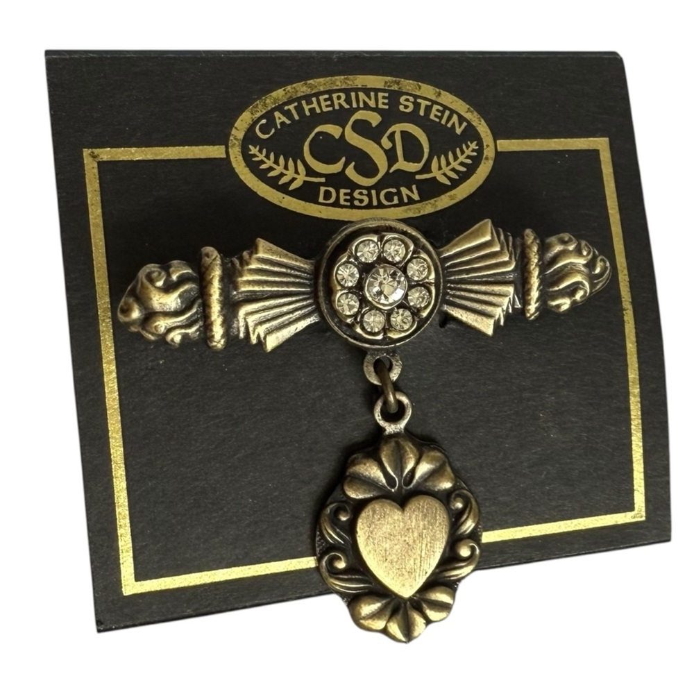 Vtg deadstock Catherine Stein Gold Brooch with Heart Pendant pin bar dainty